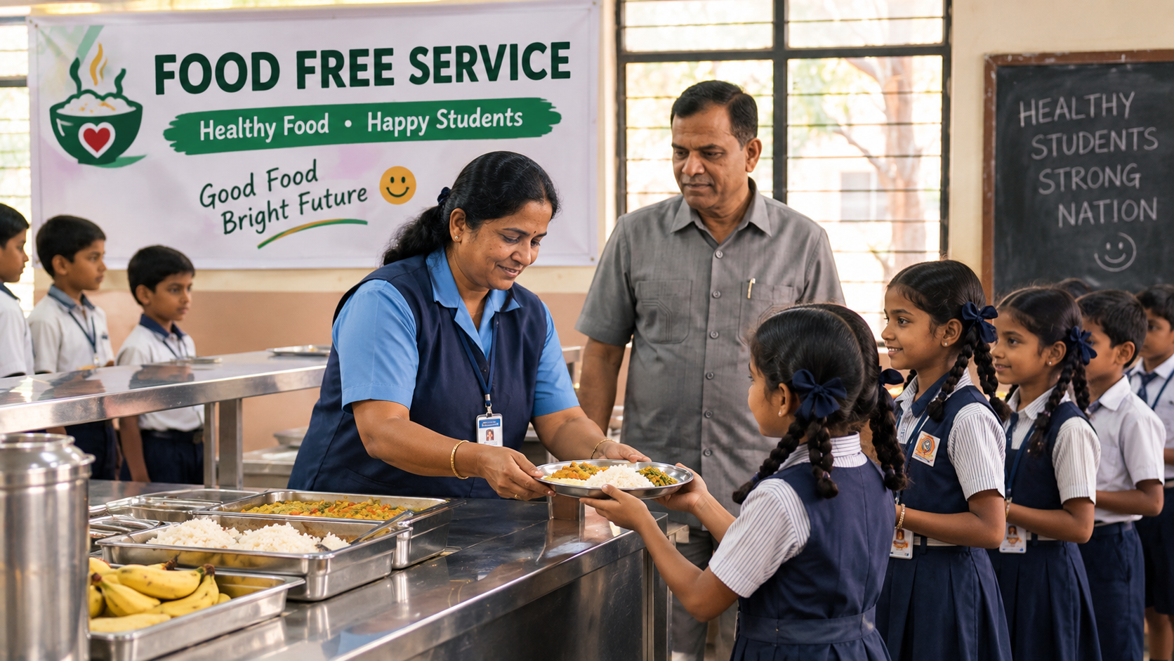 Food Free Service — a woman serving a healthy meal to schoolchildren, supported by Anandam Komatha Anandam Nations